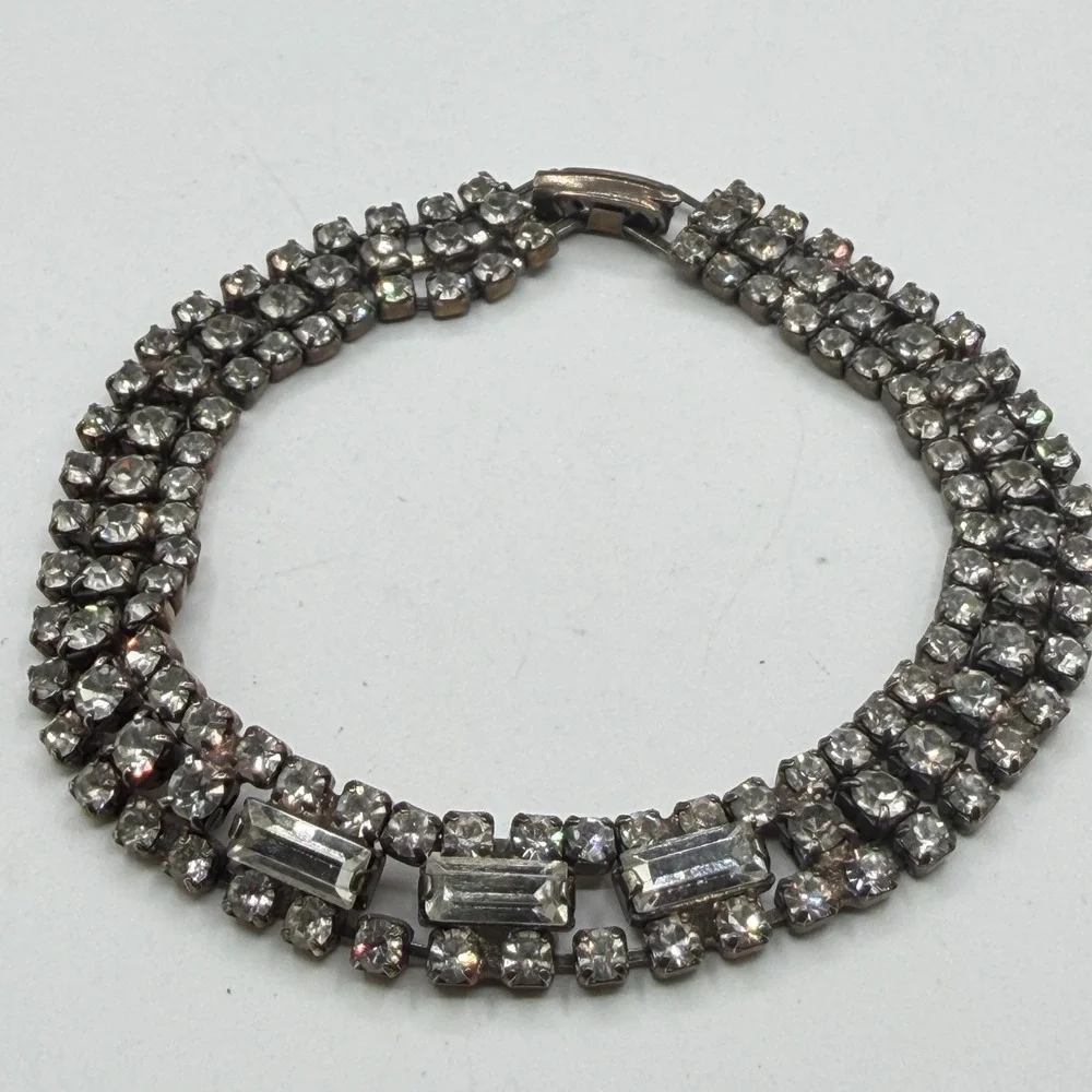 Clear Rhinestone Silver Tone Multi Row Bracelet Baguette Statement Bridal Gift